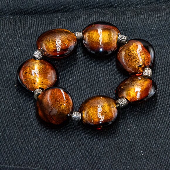 Dark Bronze Flattened Murano Glass Bead Stretch Bracelet - Picture 2 of 2